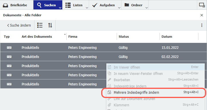 Dokumente in Ergebnisliste markieren